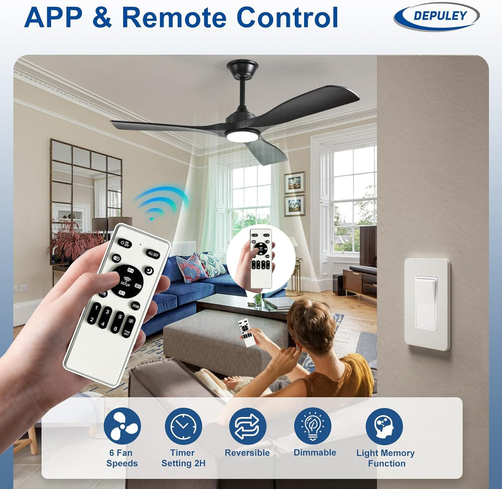 52-Inch Ceiling Fan with Light: Black 3 Blade Outdoor Fans for Patios - Dimmable Indoor Fan with Remote APP Control Ultra Quiet DC Motor Reversible 6 Speed Timer