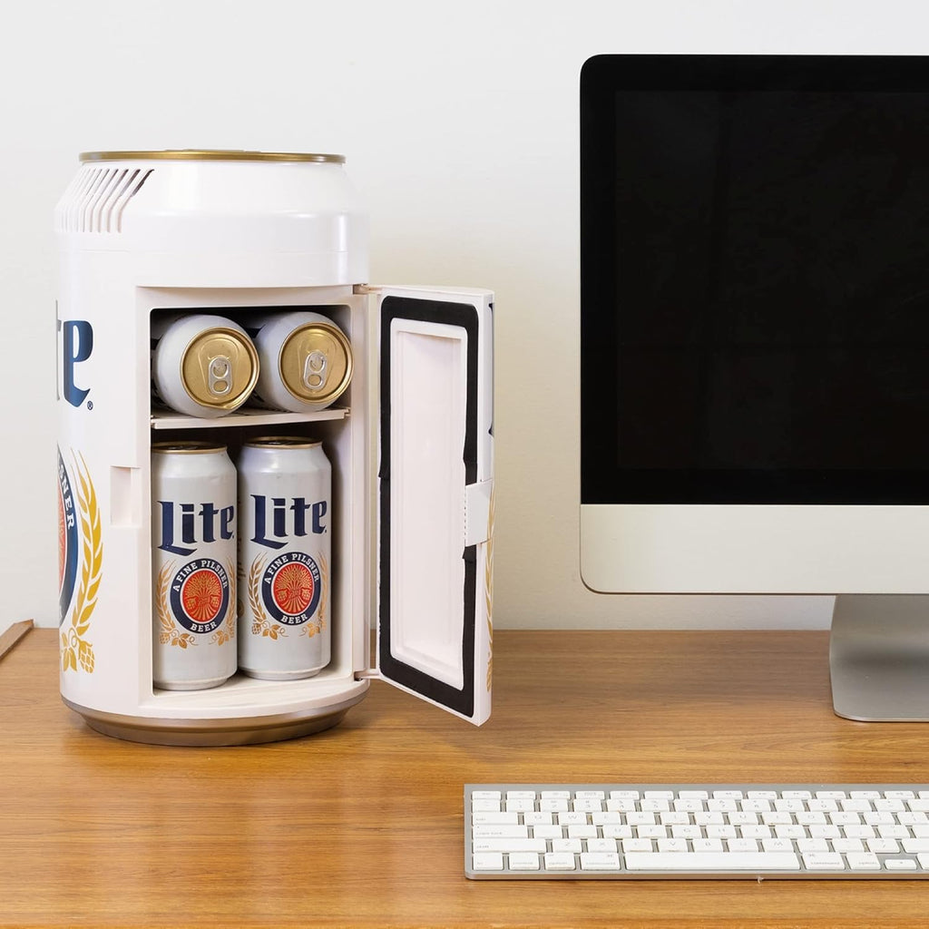 Miller Lite 8 Can Thermoelectric Mini Fridge 5.4 L/ 5.7 Quarts Capacity, 12V DC/110V AC cooler for home, den, dorm