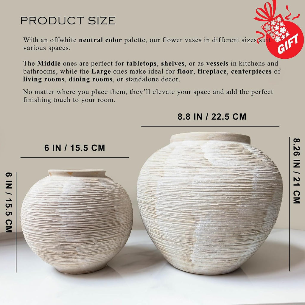 Rustic Farmhouse Vase Home Decor - 6 in Ceramic Boho Decorative Vase for Decor, Round Clay Whitewashed Terracotta
