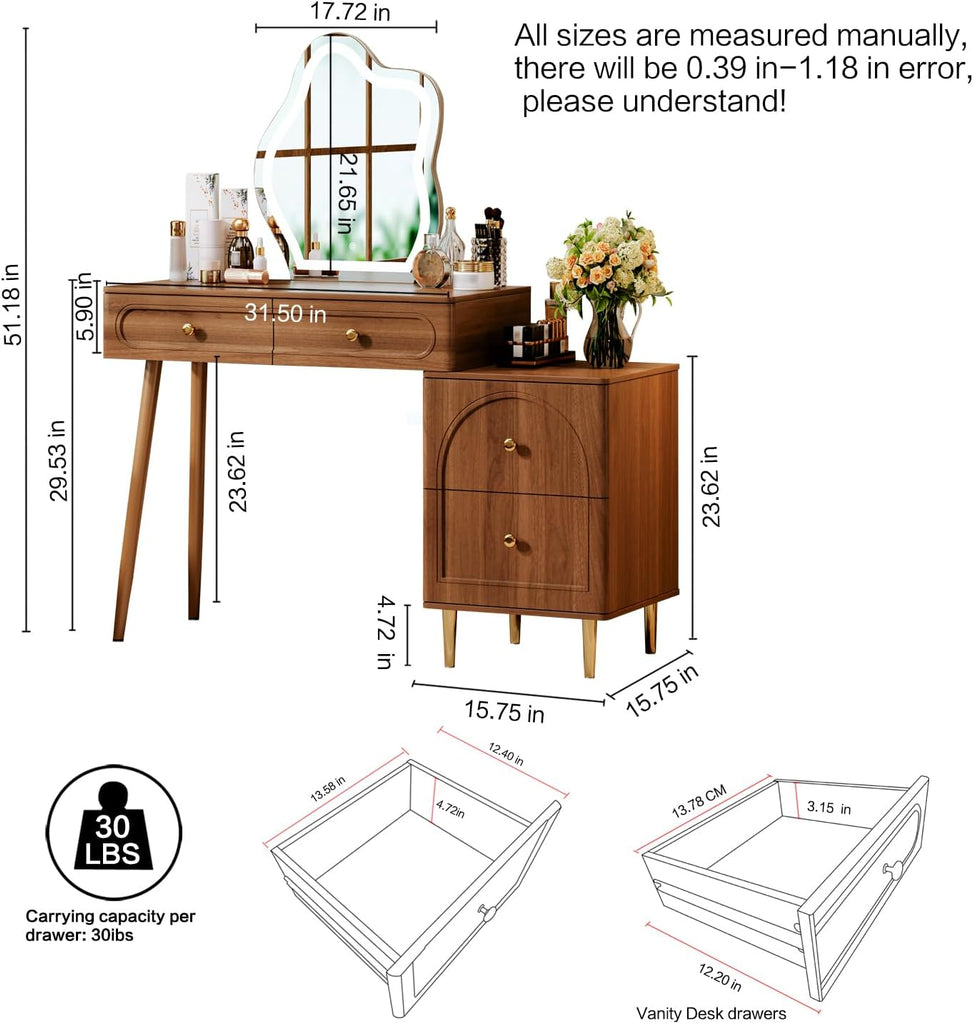 Walnut Stylish Corner Makeup Vanity Table,Vanity Desk with Lighted Mirror and 4 Spacious Drawers,Bedroom Essential
