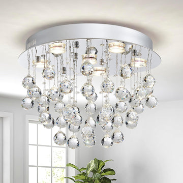 6-Lights Modern Chandelier K9 Crystal Lighting Fixture,Modern Flush Mount Ceiling Light Fixtures Raindrop Chandelier for Bedroom,Dining Room, Living Room, H13 x D20