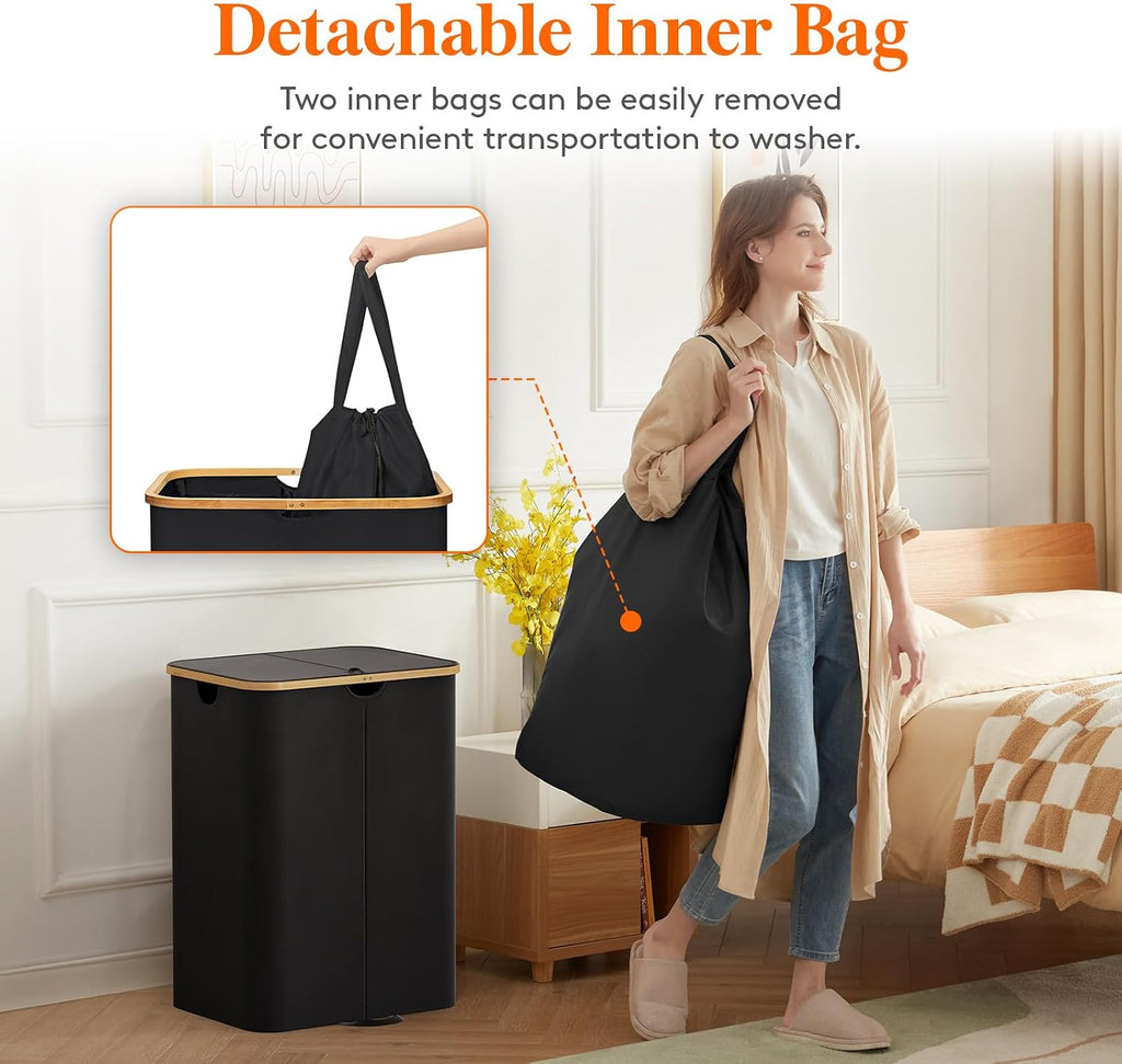 150L Double Laundry Hamper with Lid, Large Laundry Basket with Removable Bag & Bamboo Handles, Fodable Tall Dirty