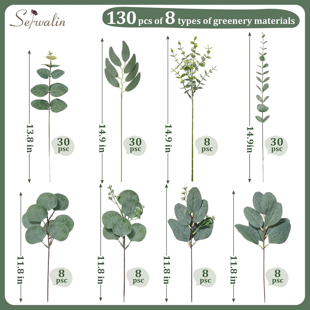 130 Pcs 8 Kinds Mixed Eucalyptus Stems Bulk,Artificial Greenery Silver Dollar Eucalyptus Leaves Picks for