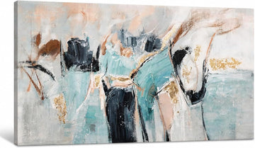 Large Framed Wall Art Abstract Canvas Print Teal Black Gold Artwork Modern Brushstroke Wall Decor Soft Neutral Shapes