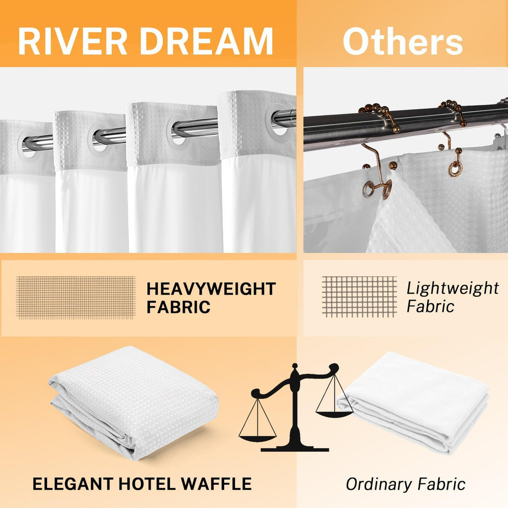 No Hooks Shower Curtain with 2 Snap in Liner, White, 71Wx74H | Waffle Weave, 1 Attached Snap in Liner and 1 Extra