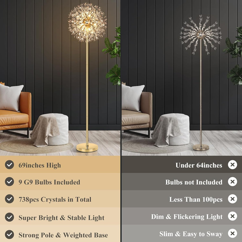 69'' Crystal Floor Lamp, Modern Standing Lamp with 738PCS K9 Crystals, Tall Lamp Pole Light Office