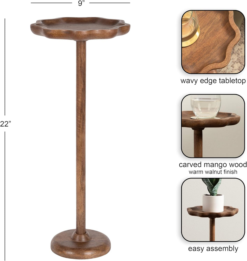 Alezar Modern Mango Wood Drink Table, 9 x 9 x 22, Walnut Brown, Transitional Round Pedestal Table with Wavy Edge for