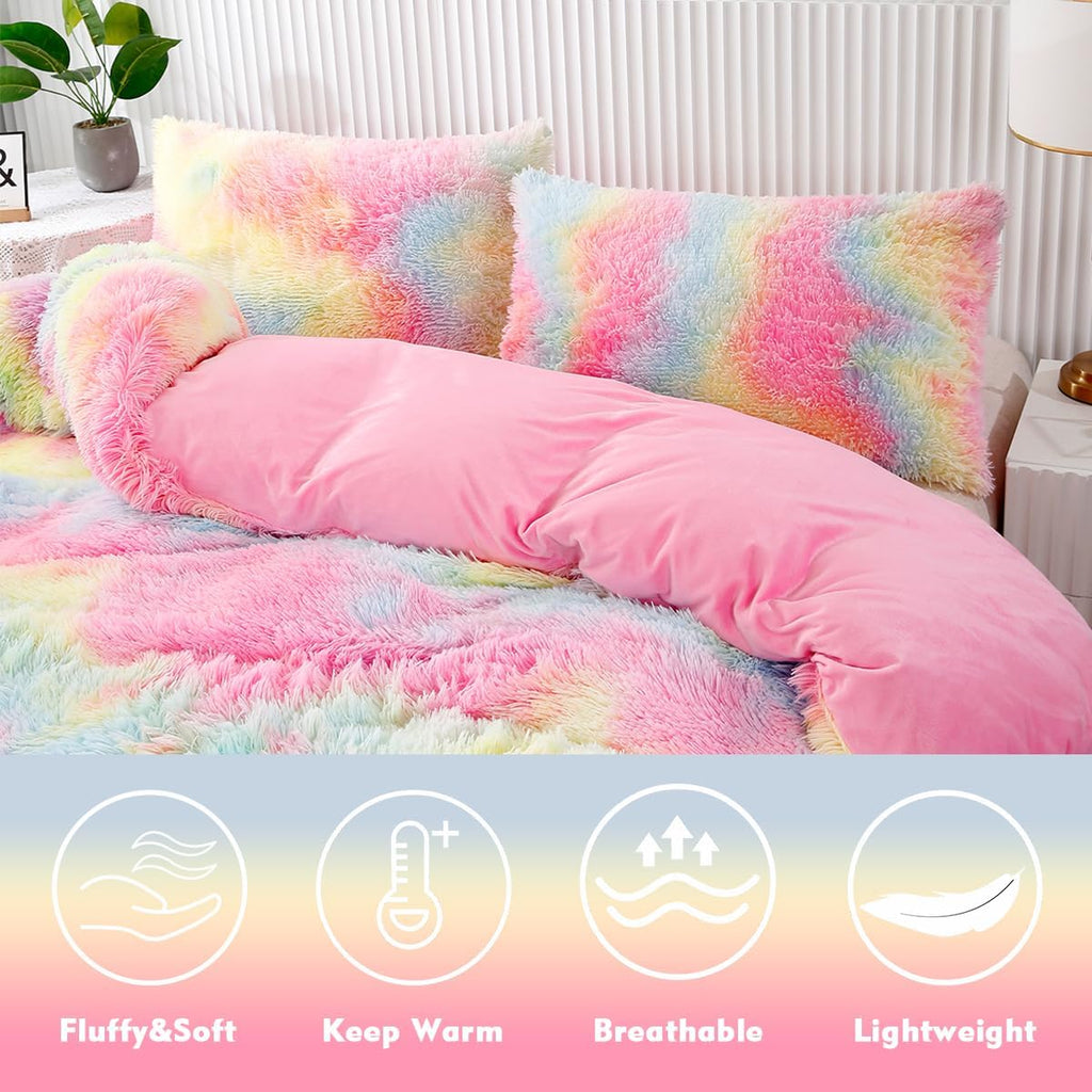 Pink Plush Shaggy Bedding Sets 3 Piece Fluffy Faux Fur Girls Comforter Set Soft Tie Dye Velvet Furry Rainbow