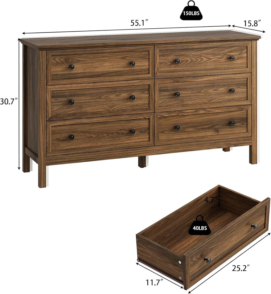 55" Walnut Dresser , 6 Drawer Dresser with Wide Drawer and Metal Handles, Wood Dressers & Chests of Drawers .