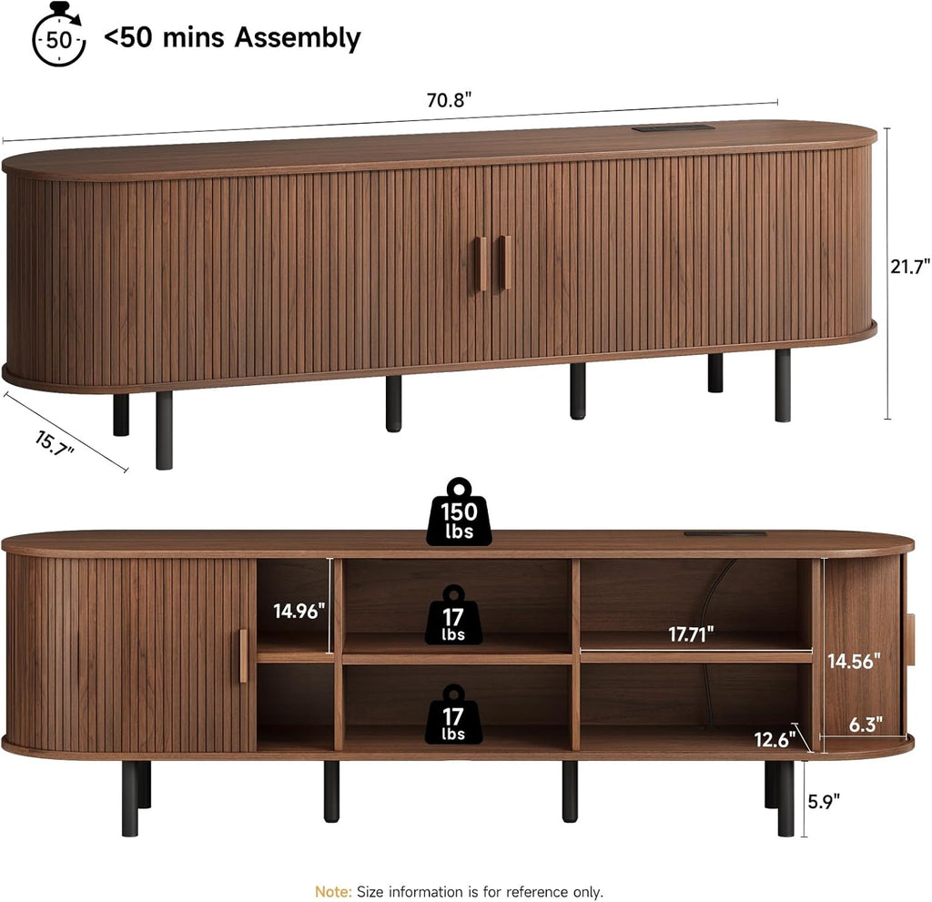 70.8" TV Stand with Power Outlet for TVs up to 75 Inch, Entertainment Center with Storage and Adjustable Shelves