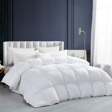 Luxurious All-Season Goose Down Feather Fiber Comforter Queen Duvet Insert, Exquisite Pinch Pleat Design, Premium
