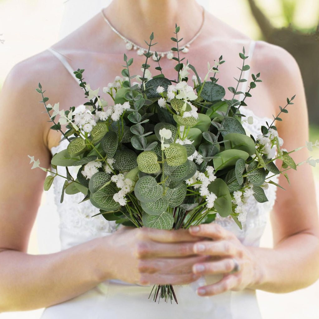 Artificial Eucalyptus Leaves Stems 120 Pcs 4 Kinds Mixed Fake Silver Dollar Eucalyptus Leaves Stem with Babysbreath