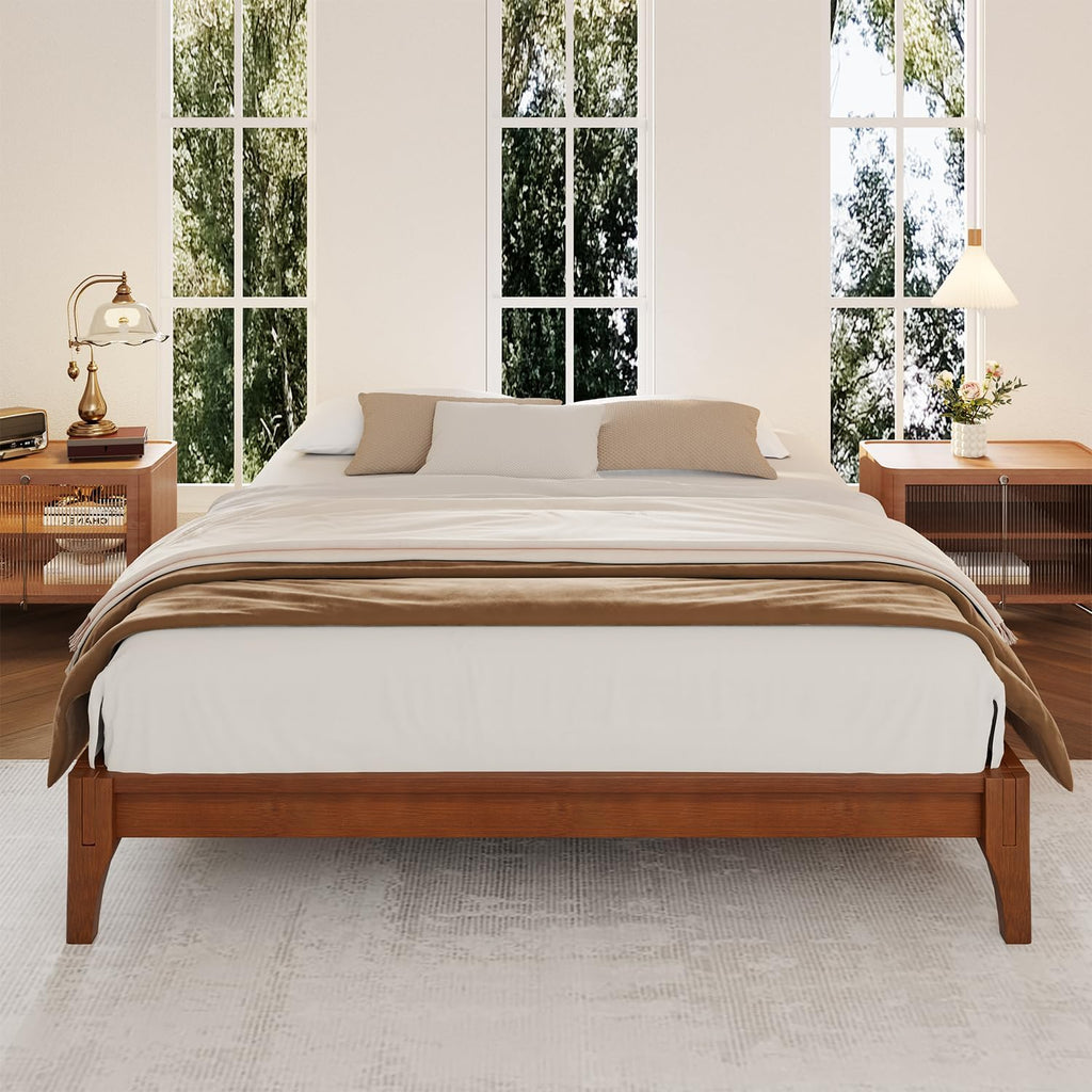 King Size Japanese Mid-Century Walnut Bamboo Wooden Bed Frame