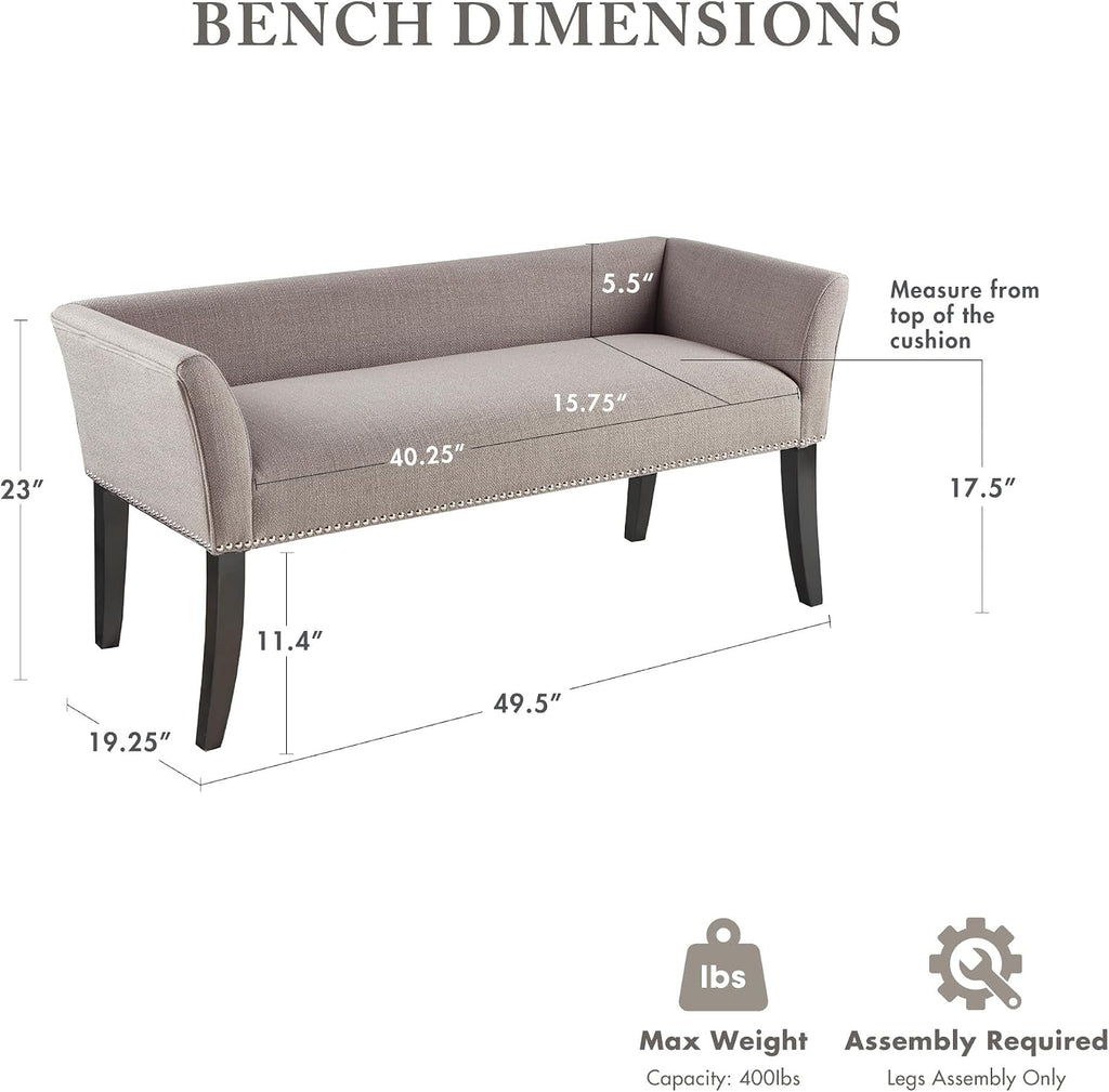 Accent Bench, Upholstered with Nailhead Trim, & Padded Seat Entryway Bench Small, End of Bed Bench with Back, 49.5" W