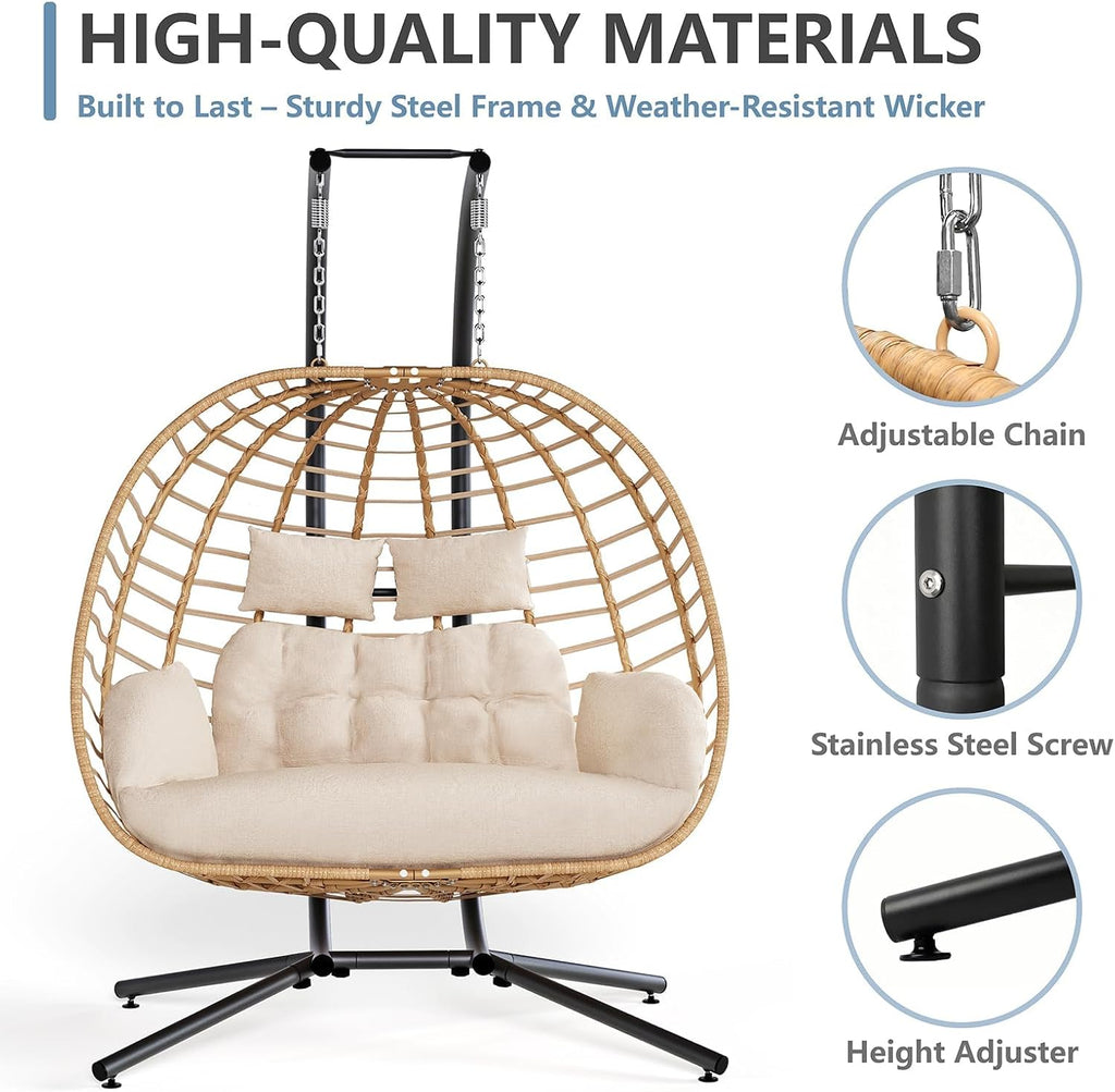 Double Hanging Egg Chair with Stand, Outdoor Patio 2 Person Wicker Hammock Swing Chairs with Cushion Loveseat for