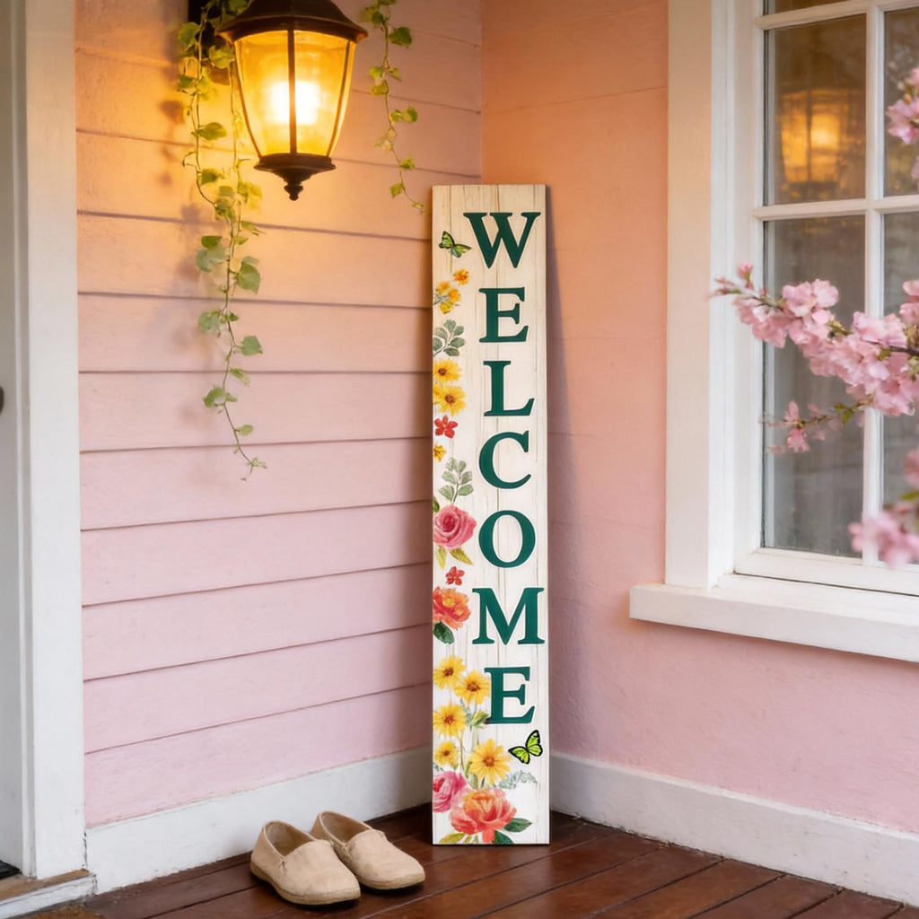 Welcome Sign for Front Door, Spring Flower 47"X8" White