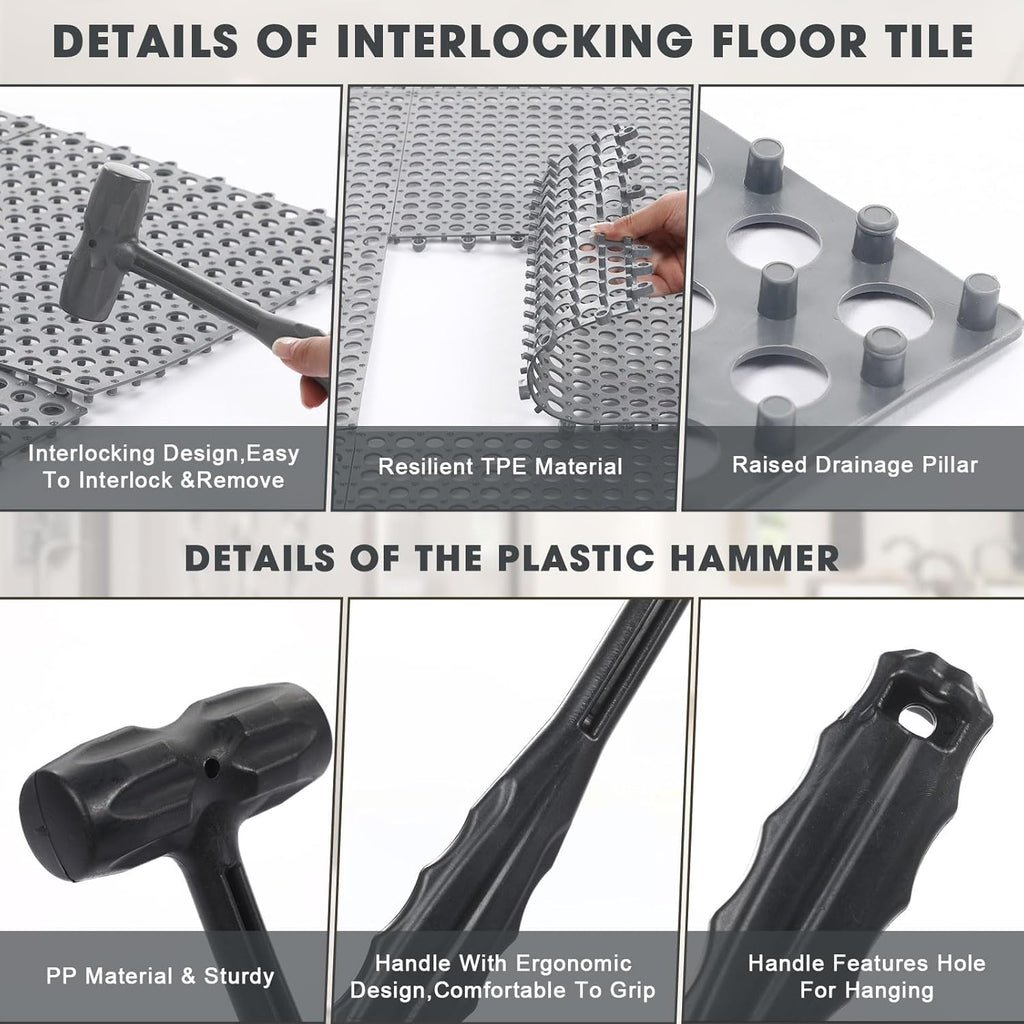 12 Pack Drainage Tiles Modular Interlocking Floor Tiles with 1 Pc Plastic Hammer 12" x 12" Cushion Mat Non Slip Rubber
