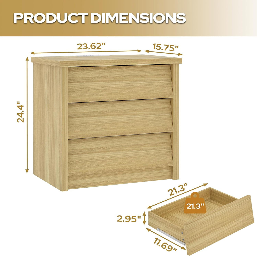 23" Wide Nightstand Set of 2 with Charger Station, Modern Night Stand with 3 Drawers, Wood End Table with USB Ports