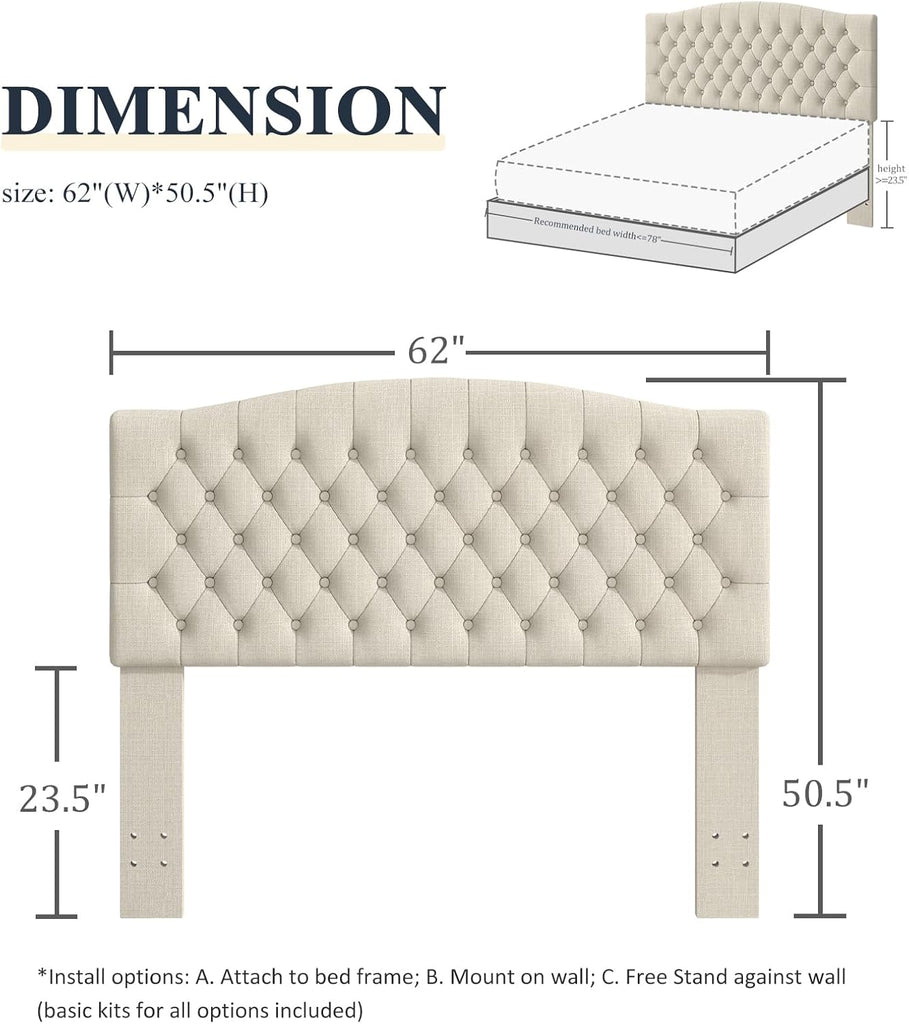 Queen Headboard Only, Upholstered Headboard for Adjustable Bed Linen Tufted Queen/Full Wall Mounted Head Board with