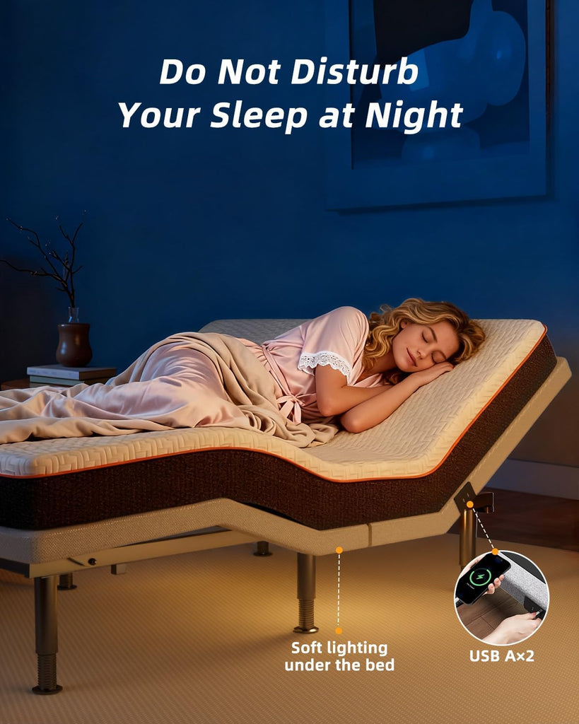 King Adjustable Bed Frame with Massage, Wireless Remote, Head Foot Incline, USB, Underbed Light - Heavy Duty