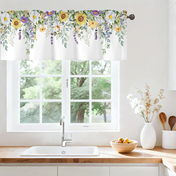 Spring Wildflower Flower Valance for Windows,Window Treatment Curtains Rod Pocket Sheer Small Short Valance