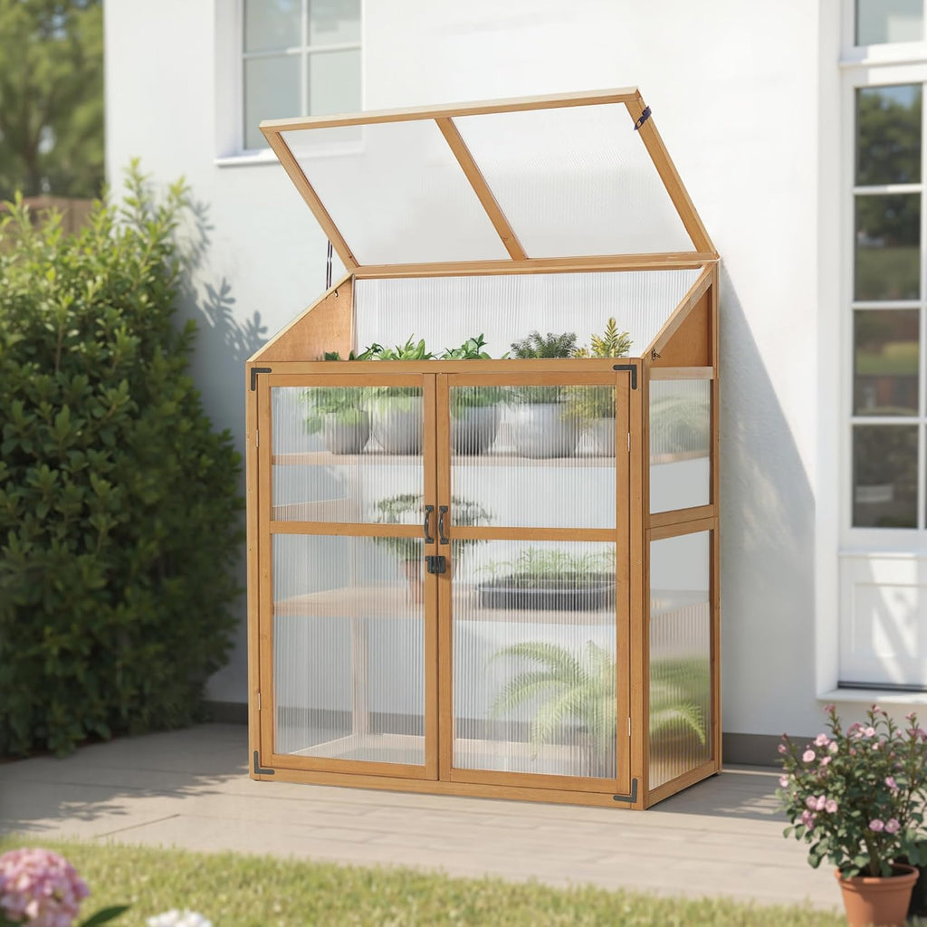 Macrout Cold Frame Greenhouse, Wooden Cabinet with Shelves 1344 (Natural)