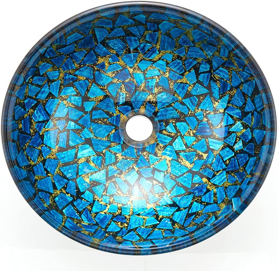 Hyacin Series Round Tempered Mosaic Deco Glass Vessel Bathroom Sink in Starry Blue | Top Mount Sinks Above Countertop