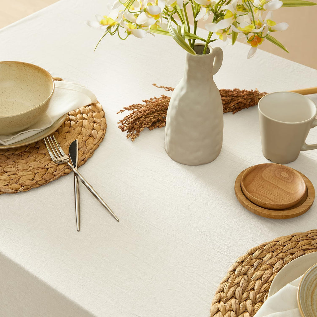 Ruffle Farmhouse Rustic Rectangle Natural Stonewashed Cotton Tablecloth (60x120 inch, White)