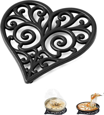 Black Heart Cast Iron Trivet & Dining - Romantic Decorative Hot Dish Pad, Heat Resistant Pot Holder with Raised Feet