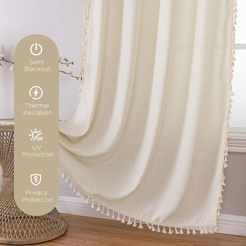Boho Curtains 84 Inch, Linen Beige Curtain 2 Panels with Tassels