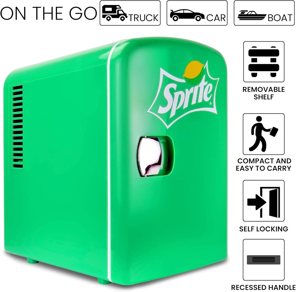 Sprite Mini Fridge 4L Portable Thermoelectric Cooler with Iconic Sprite Logo Dual Power 110V AC/12V DC for Home Office