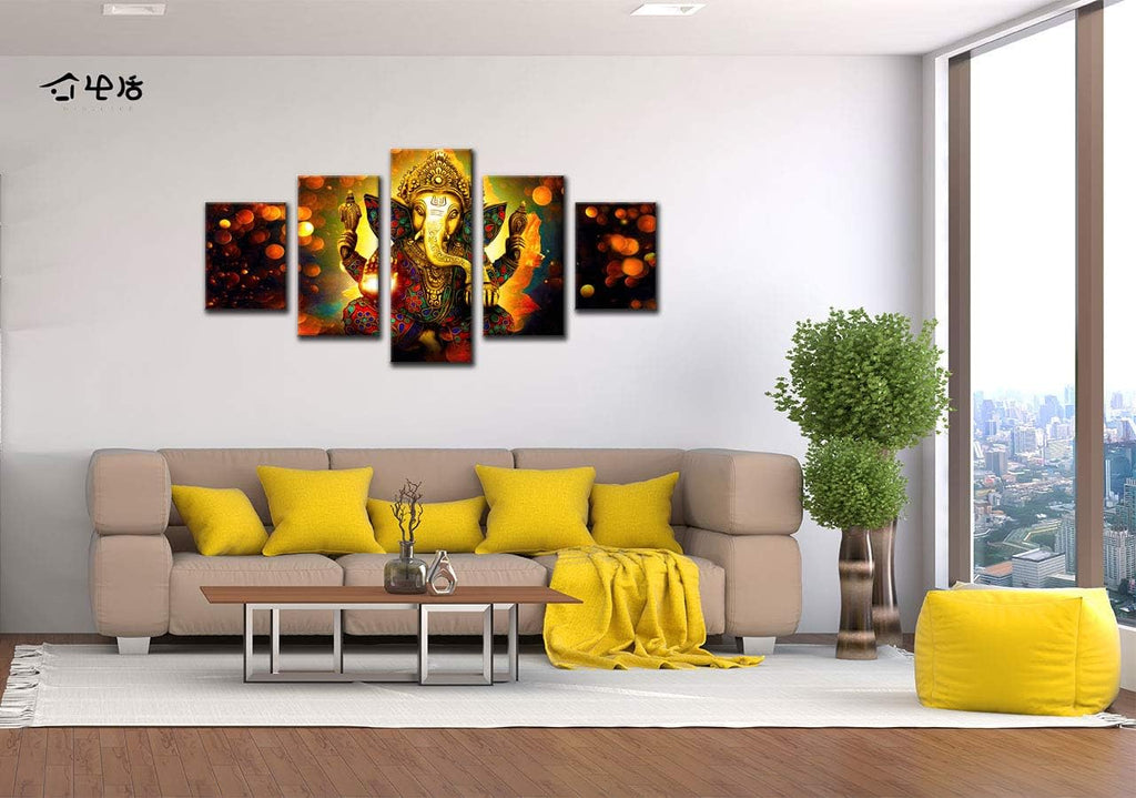 Large 5 Panel Hindu God Ganesha Wall Art - Traditional Indian Canvas Prints Decor (Framed)
