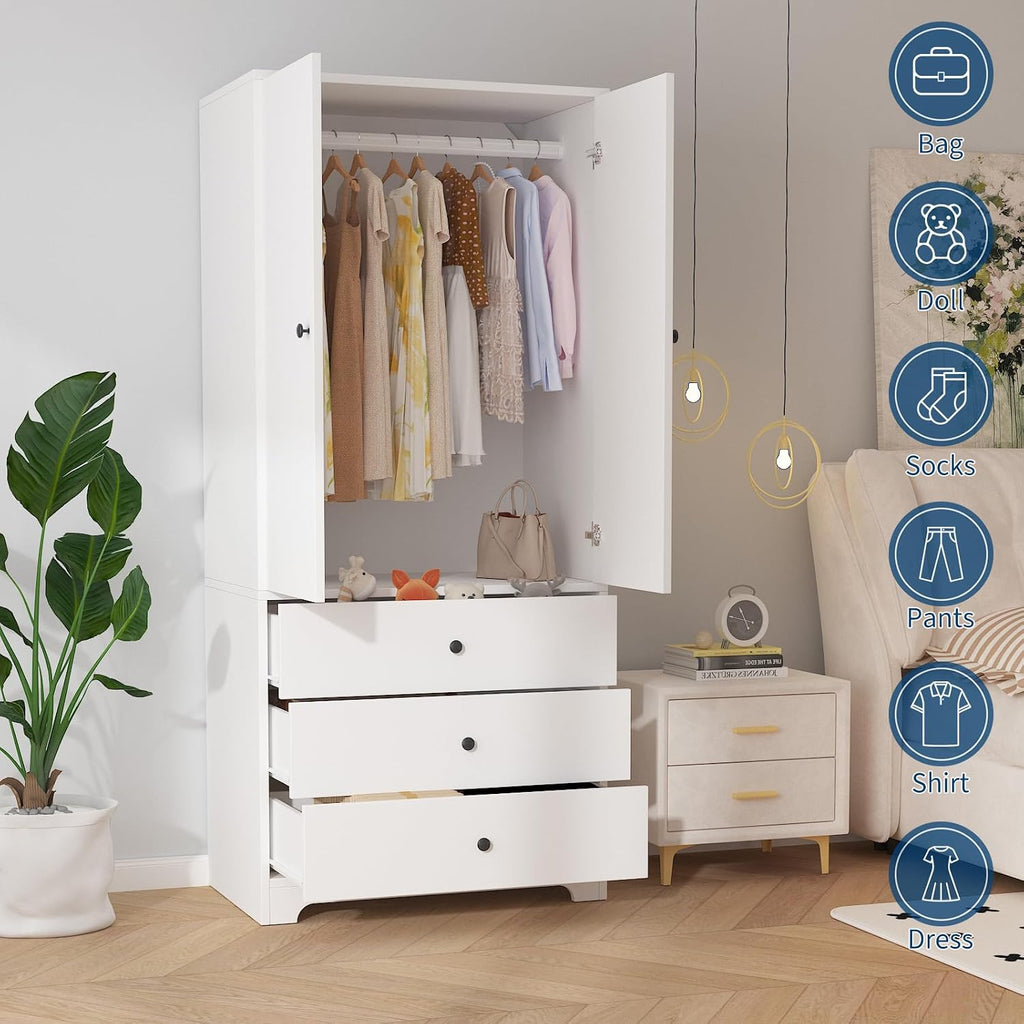 71" Armoire Wardrobe Closet, Bedroom Armoire Clothing Storage Cabinet | 3 Drawers & 2 Doors and Adjustable Shelves