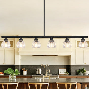 Black Linear Chandelier 6 Lights Island Lights with Clear Flower Shade