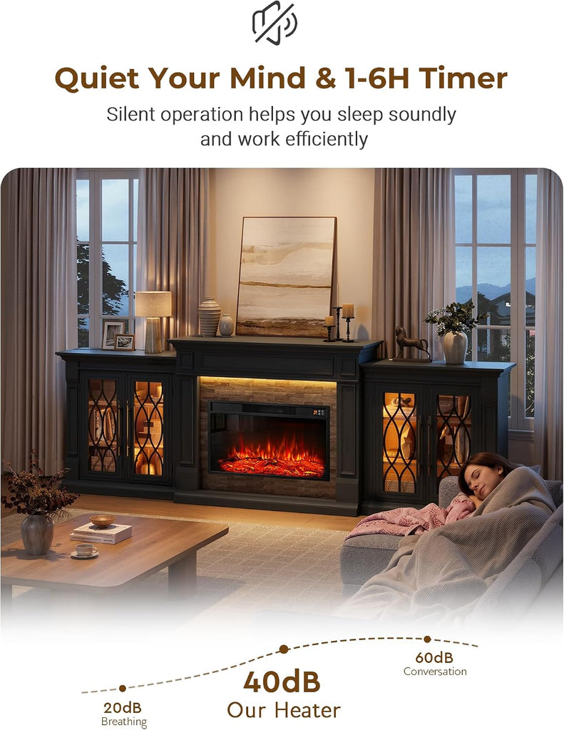 104" Sectional Fireplace TV Stand with LED/Outlet, 3 in 1 Modular | Media Entertainment Center with Storage for TVs