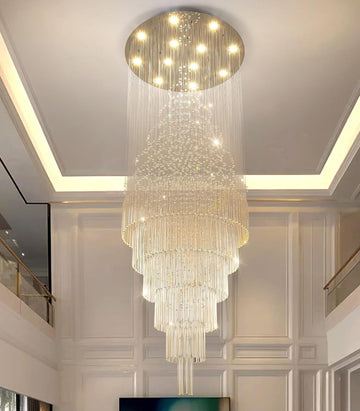 Glam Chandelier with LED Bulbs Crystal Raindrop High Ceiling Pendant Light for Entrance Large Villa Chandelier Foyer Lighting Fixtures Silver W32 x H100