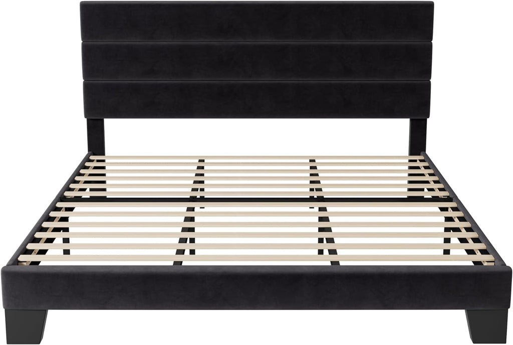 King Platform Bed Frame with Velvet Upholstered Headboard and Wooden Slats Support