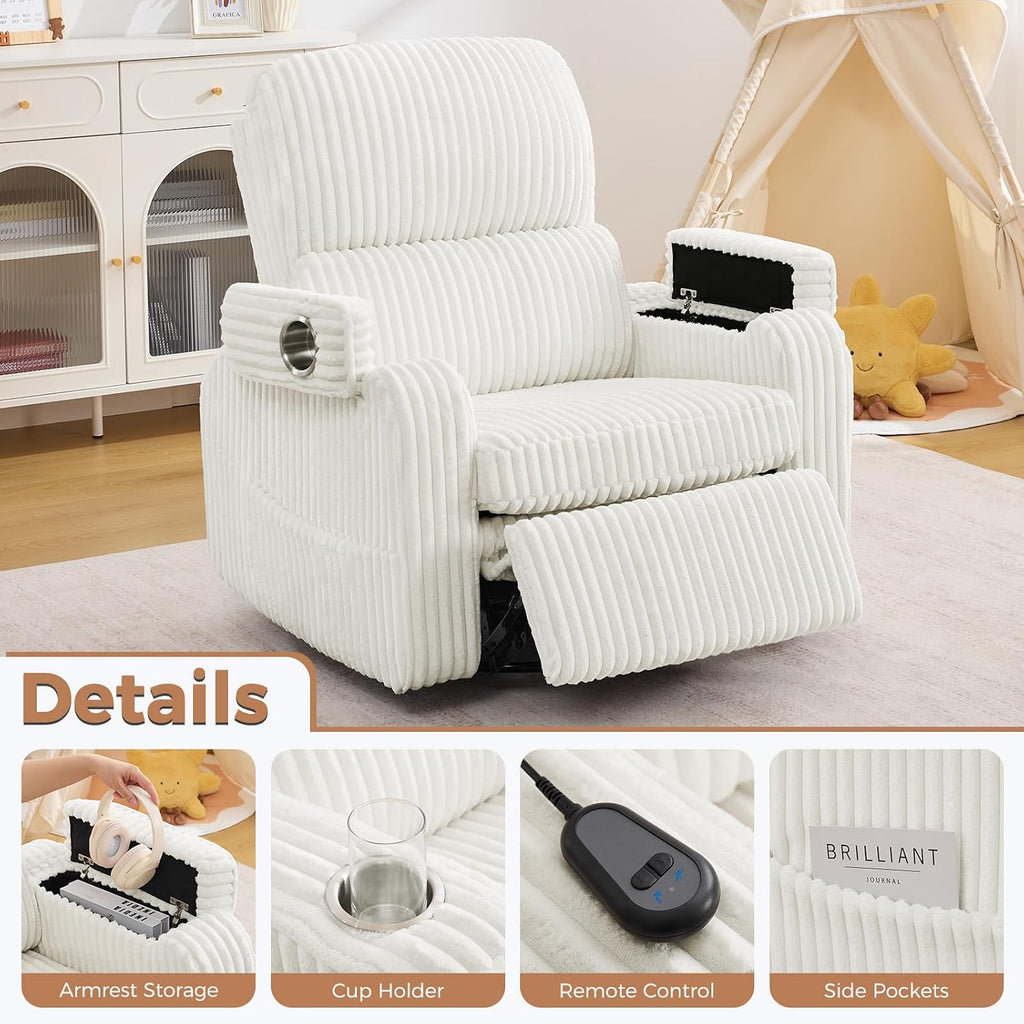 Power Nursery Recliner,26''Swivel Rocker Recliner,Adjustable Headrest,White | Extra Wide Recliner, Oversized