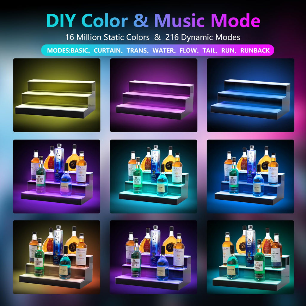 Led Lighted Liquor Bottle Display Shelf, 20 Inch 3 Tier Whiskey Rack, Support USB, Bar Stand with RF Remote & App
