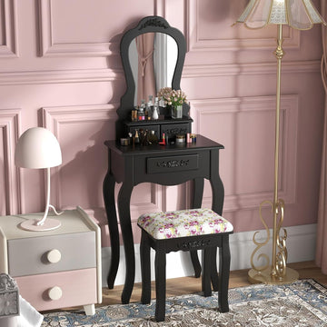 Small Vanity Desk Set, Black Makeup Vanity Table with Mirror, Cushioned Stool, 3 Storage Drawers, 20 inch Girls