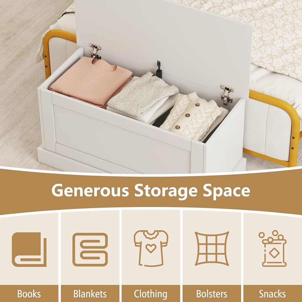 35.5-inch Wooden Storage Bench, Lift Top Storage Box (White) | Large Storage Chest | Farmhouse Storage Trunk | Metal