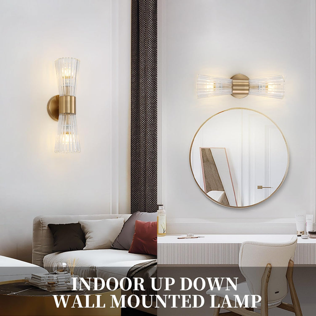 Mid-Century Modern Wall Lights with Crystal Glass Shade, 2-Light Glass Bathroom Vanitys Lights Gold Wall Sconces