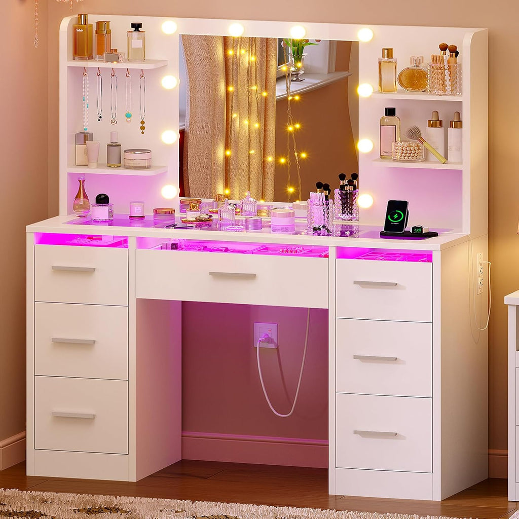 Makeup Vanity Desk with Mirror and Lights, White Vanity with Glass Top, 3 Colors LED Lights & Power Outlet, Vanity
