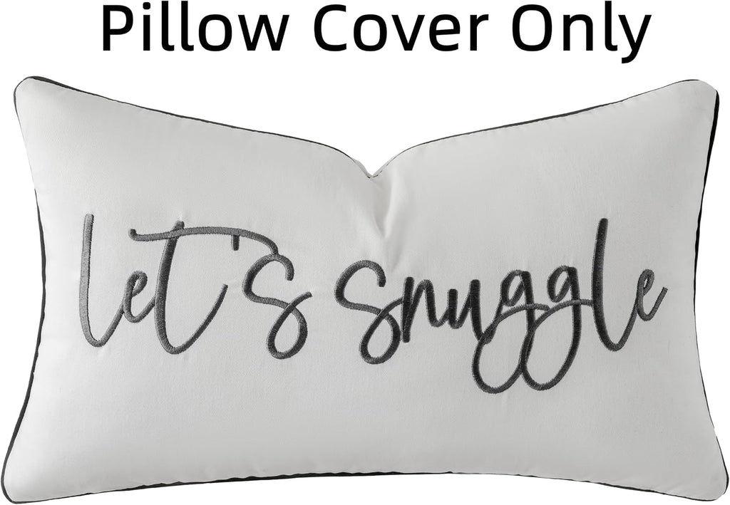 Let's Snuggle Decorative Lumbar Pillow Cover - 12x20 Inch White and Grey Cotton Embroidery Throw Pillowcase
