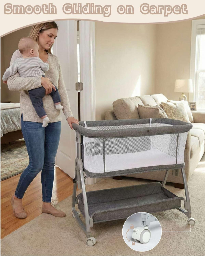 Bedside Bassinet for Baby, Sturdy 3 in 1 Bedside Sleeper with Mattress & Wheels, Height Adjustable, Breathable Mesh