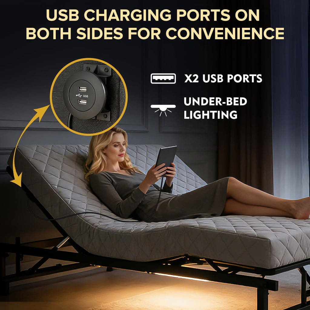 King Adjustable Bed Base Frame with Wireless Remote, King Size Bedframe with USB Charging Ports & Underbed Lighting