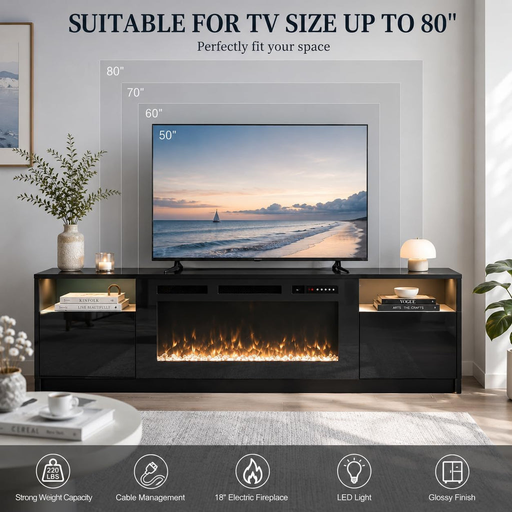 70" Fireplace TV Stand for TVs Up to 80",Entertainment Center with 36" Electric Fireplace and 12 Colors LED