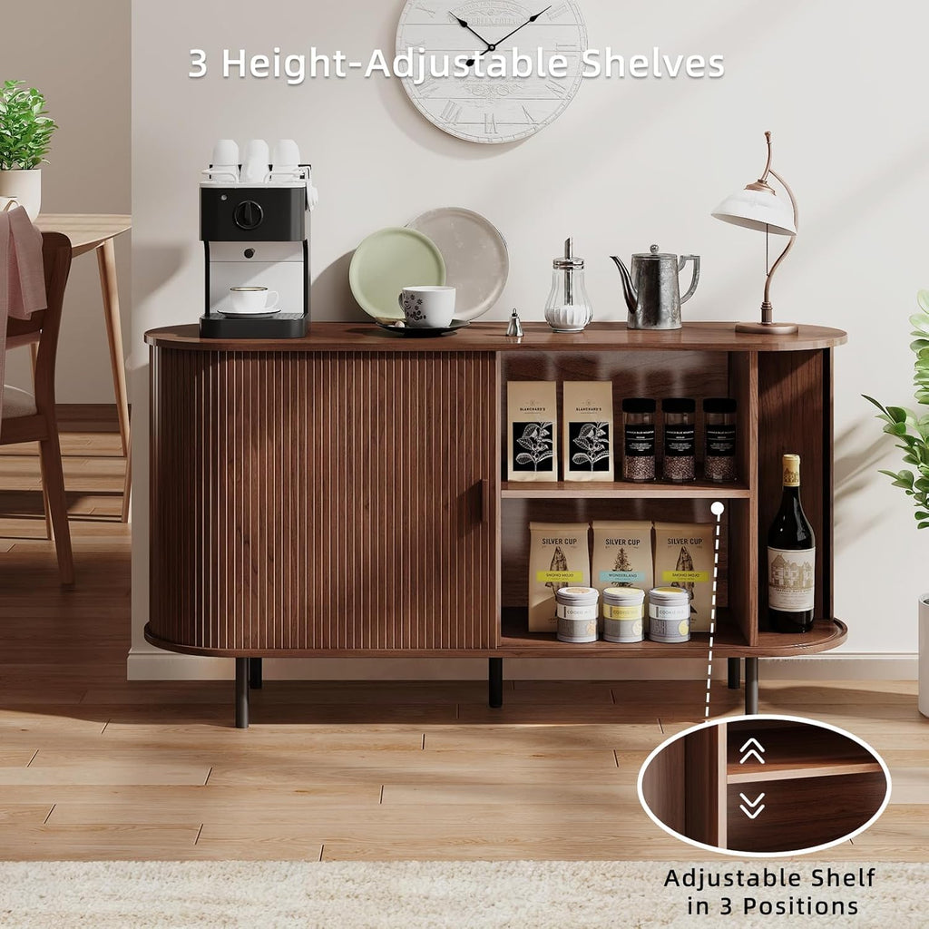 Buffet Sideboard Cabinet with Storage, 55" Fluted Cabinet with Sliding Door & Adjustable Shelf