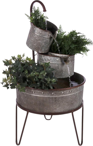 33" Outdoor Floor 3-Tier Vintage Tubs and Planters Fountain, Rustic Metal Cascading Waterfall Feature for Gardens