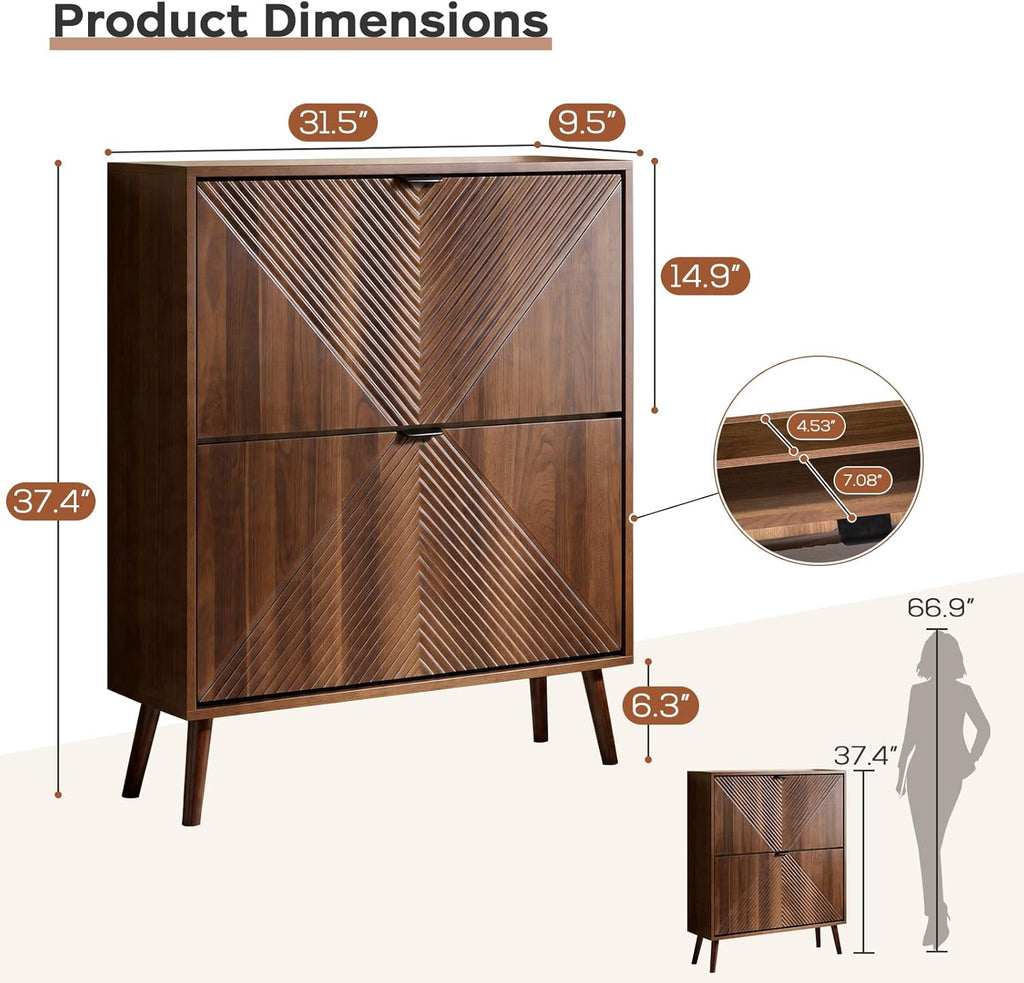 Shoe Cabinet Storage, Farmhouse Freestanding Organizer with 2 Flip Drawers and 4 Wooden feet, Narrow Shoe Rack